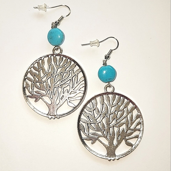 TREE OF LIFE EARRINGS - FAUX TURQUOISE SILVERTONE - Picture 3 of 4